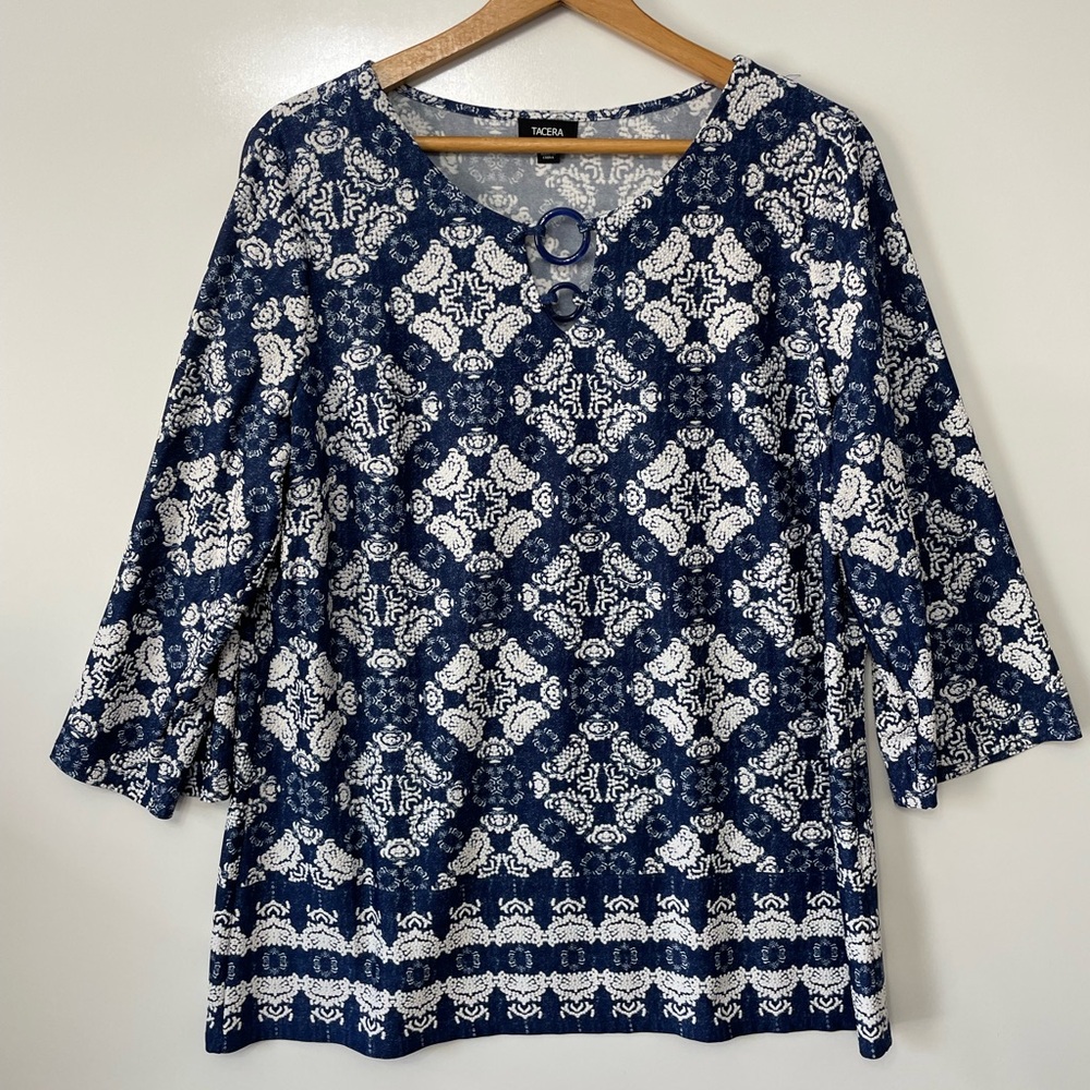 Tacera Flowy Gypsy Festival Geometric Navy 3/4 Mini Bell Sleeve Tunic Womens L